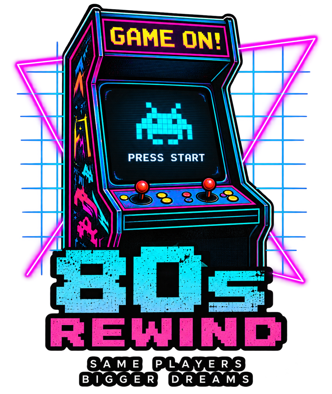 Neonfarbener Spielautomat mit Game On und 80s Rewind Schriftzug