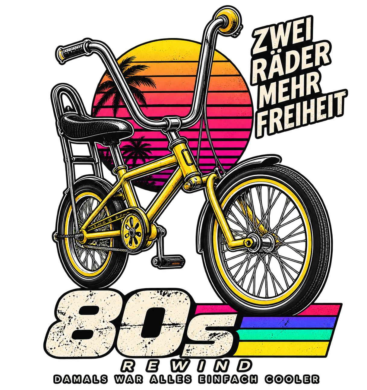 Gelbes Retro-Fahrrad mit Zwei Räder mehr Freiheit Schriftzug