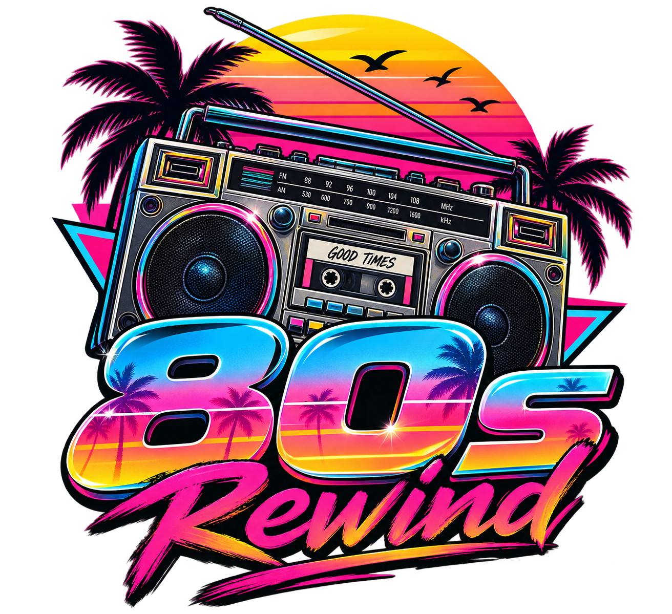 Neonfarbener Ghettoblaster vor Palmen und Sonnenuntergang mit 80s Rewind Schriftzug