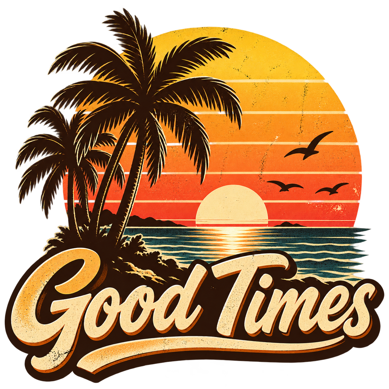 Palmen am Meer im Sonnenuntergang mit Good Times Schriftzug