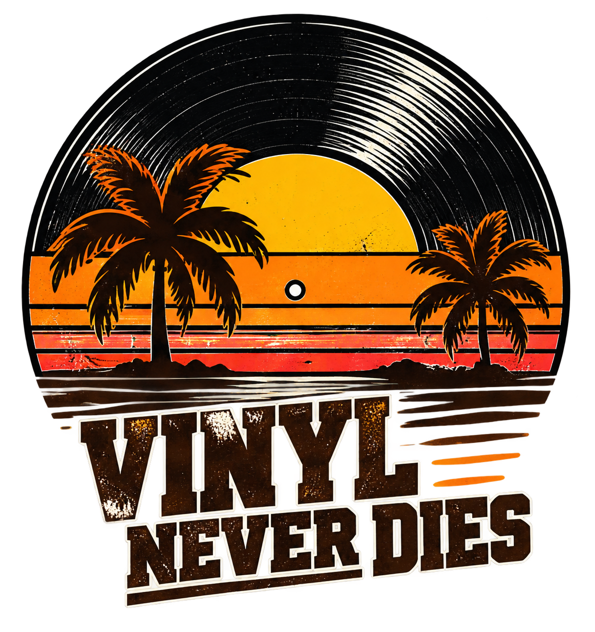 Schallplatte mit Sonnenuntergang und Vinyl Never Dies Schriftzug